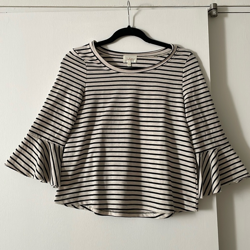 Anthropologie - Deletta — Navy and White Striped Shirt with flowy sleeve @wrist
